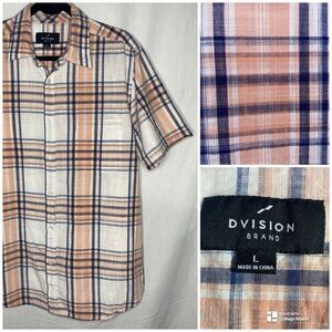 Dvision Button Down Shirt Mens Cotton Plaid Short Sleeve Blue Peach White Size L